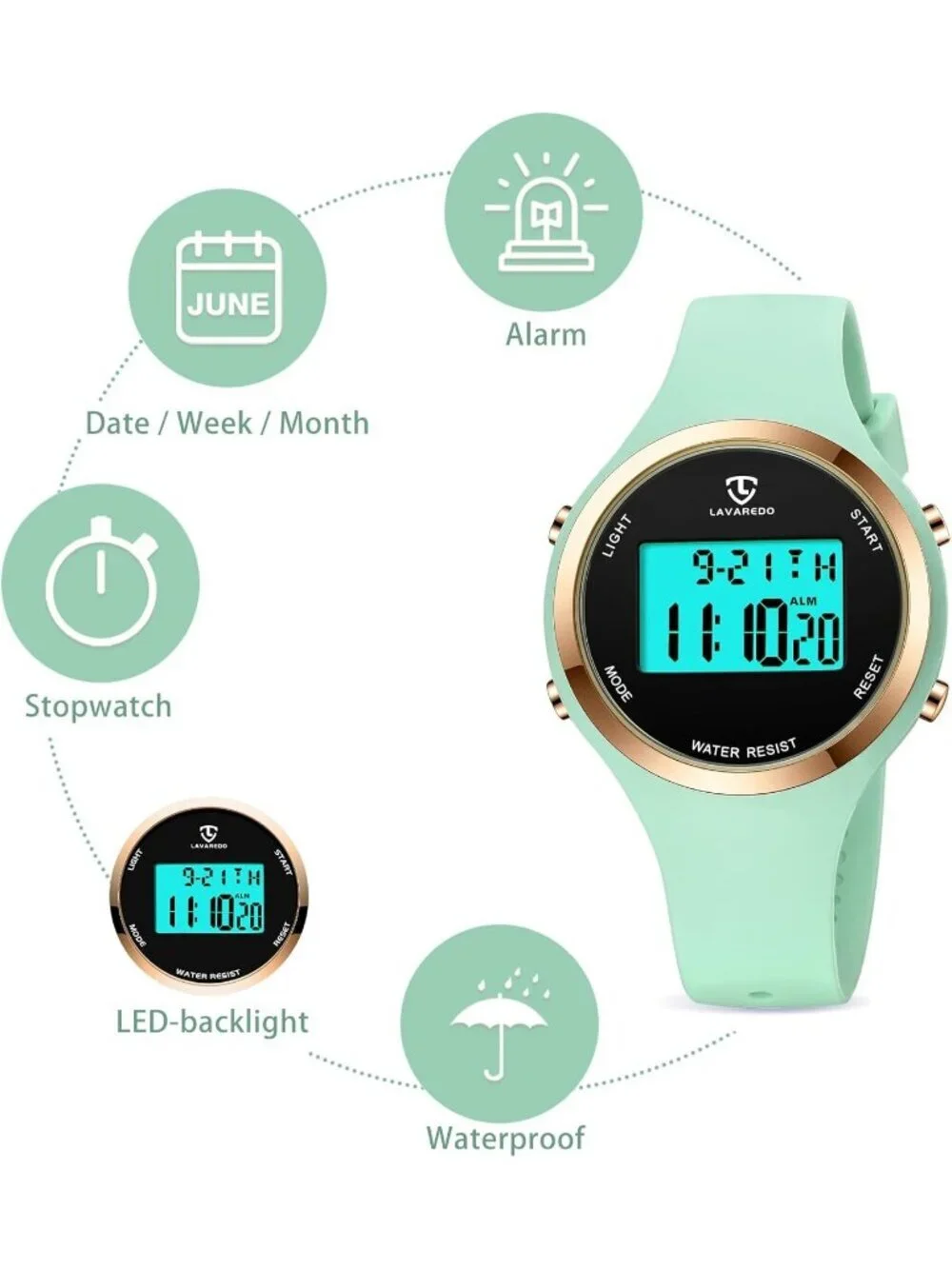 Women's Light Green Quartz Chronograph Waterproof Outdoor Sport Digital Watch